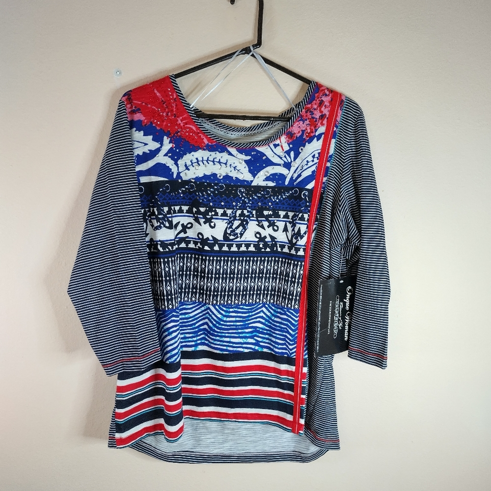 Onque Woman's Top. Size 1X.Vaction resort ocean design multi blue. NWT